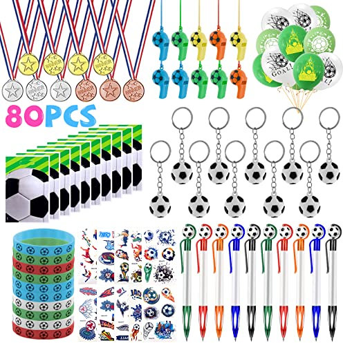 130pcs Football Pinata Anniversaire Garcon, Petits Cadeaux Deco Anniversaire Foot avec Ballon, Porte Clés, Bracelet en Silicone, Sifflets, Medailles, Tatouage, Stylo, Sacs Cadeaux de Fête de Football