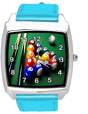 Quadratische Armbanduhr für Poolspiel-Fans, Leder, Blau