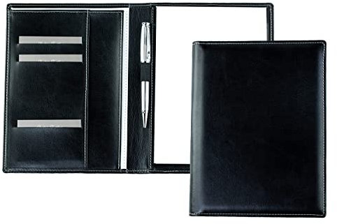 DELMON VARONE - Premium Schreibmappe inkl. Notizblock DIN A5 (50 Blatt) aus veganem Eco Kunstleder Schwarz - Organizer Konferenzmappe mit Stifthalter & Einsteckfach - Business Dokumenten-Mappe