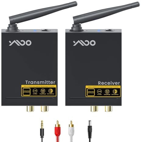 YMOO Wireless Audio Transmitter and Receiver for TV/PC to Speaker, 2.4Ghz Wireless Adapter with RCA/AUX 3.5mm Jack, 100M Long Range for Home Stereo/Soundbar, 192kHz/24bit HiFi Audio, 20ms Low Latency