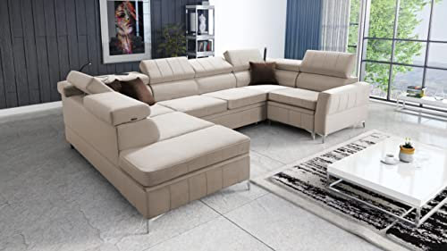 All4All Ecksofa mit Schlaffunktion Bari V 336 x 218 cm - Eckcouch mit Bettkasten - Wohnlandschaft in U-Form - XXL Sofa Groß - Schlafsofa - Beige - Seite Links - Modern - Velvetstoff 26
