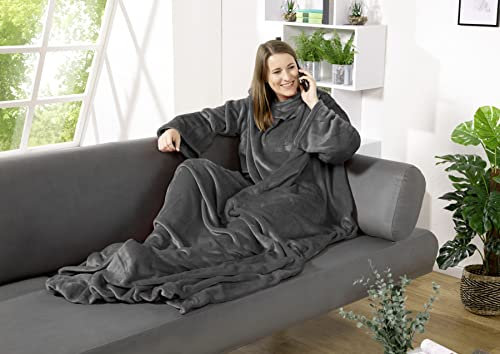 heimtexland ® Ärmeldecke TV Thermodecke mit Ärmeln und Taschen Sofadecke Ganzkörperdecke Kuscheldecke Flanell Weich und Wärmend Decke Typ848 Anthrazit LxB 200 x 170 cm