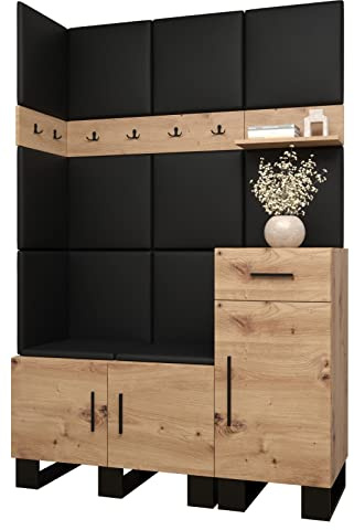 MEBLE KRYSPOL Garderobe Artin Set 10 mit gepolsterten Paneelen Industriell Design (Artisan Eiche + schwarzes Öko-Leder)