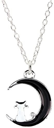 bluebubble MIDNIGHT MAGIC Black Cat Crescent Moon Silver Charm Necklace on Gift Card