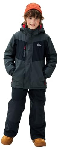 SMONTY Kinder Schneeanzug für Jungen, Winter-Skijacke & Hose, Set Kapuzenriemen, Winddicht, Wasserdicht, Warmer(Grau, 14-16)