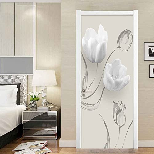 Art De La Porte 3D Belles Fleurs Blanches Autocollant De Porte Poster Papier Peint Mural Autocollant Mural Photo 100 X 215 Cm Décoration De Porte Amovible En Pvc Pour Salon, Chambre, Salle De Bain, C