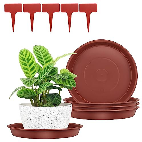 5 Stück Blumentopf Untersetzer,Pflanzkübel Untersetzer, Untersetzer für Blumentöpfe, Kunststoff Blumenuntersetzer für Innen- und Außenpflanzen,5 mit Pflanzenetiketten (24,5cm, Rot)