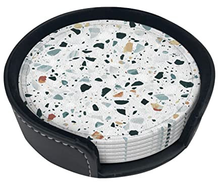 Terrazzo Lot de 6 sous-verres ronds en cuir synthétique avec support résistant à la chaleur Motif marbre pastel Pour bar, cuisine, maison