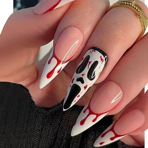 24PCS Long False Nails with Glue Stickers, Almond Full Cover Acrylic Nails Press on Nails no Glue, Screaming Grimace Halloween French Fake Nails Stick on Nails for Women and Girls Nail Art