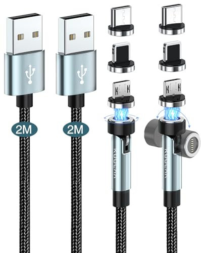 Kuulaa Cable de Carga Magnético 3 en 1, [2m+2m] de 360° y 180°, Cable Carga Rápida y transferencia de datos de 3 A, para Micro USB/Tipo C/iProducts