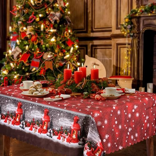 Fontien Weihnachtstischdecke, Tischdecke Weihnachten 180x150 cm Lang Rechteckiger Weihnachtstischdecken Rot, Abwaschbare Esstischdecke, Für Wohnzimmer, Esszimmer, Party, Weiß und Rot