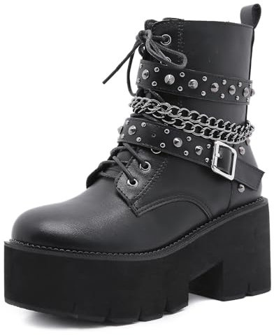 Roimaash Stylish Plateau Kn?chel Stiefel Chunky Heels Goth Stiefeletten Flachform Schnüren Kampfstiefel Metal Schnalle Nieten Studed Cosplay Stiefel Black Size 40