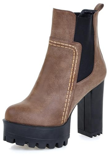 Lroey Reoly Botines Mujer Tacón Bloque, Botas Chelsea Punta Rojoonda Tacón Alto Botines Sin Cordones con Plataforma, T15911Vt Marrón Talla 37 EU