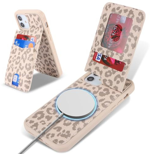 Havaya für iPhone 11 Hülle Kompatibel mit Magsafe Hülle für iPhone 11 mit Kartenfach Hülle geldbörse Leder für Herren und Damen - Beige Leopardendruck