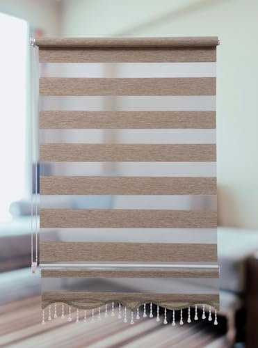 PlisseeOnline Doppelrollo Klemmfix ohne Bohren Braun mit Perlen Duo Rollo für Fenster und Türen Plissee Rollo Gardine 130 x 150 cm Blickdicht Klemmrollo mit Perlen Seitenzugrollo