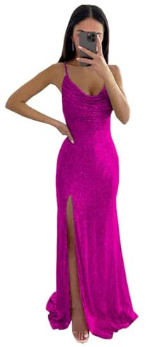 KURFACE Vestido de graduación brillante de talla grande para mujer, para invitada de boda, con lentejuelas brillantes, vestido largo WSX487, fucsia, 46
