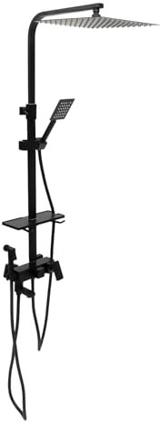 Système de douche noir avec support de rangement et crochets, pour salle de bain, colonne de douche murale, barre de douche réglable