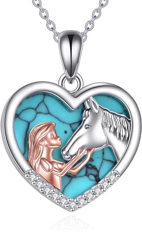 YFN Mädchen und Pferd Halskette für Mädchen Sterling Silber Pferdeschmuck Pferd Geschenke für Frauen (Türkis Pferd Halskette)