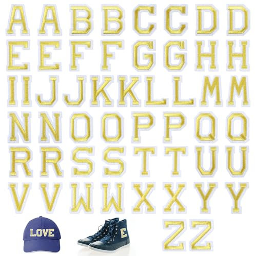 Buchstaben zum Aufbügeln, 52 Stück Gold Patches zum Aufbügeln, Aufbügeln von Buchstabenpatches, Bügelbilder, Buchstabe A-Z, Bestickter Aufnäher, Dekorative Reparaturflicken für Hemden, Hüte