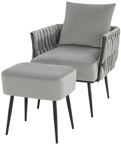 HOMASIS Sessel mit Ottomane und flauschigem Kissen, Lounge-Sessel mit gewebter Rückenlehne, Armlehnen und Metallbeinen, Lesesessel, Belastung 150 kg, für Wohnzimmer, Schlafzimmer, 66 x 65 x 80 cm