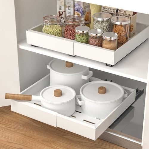 Yiter Pull Out Cabinet Organiser, Expandable Drawer Not-Drill Slide Out Drawer for Kitchen Cabinets, Cupboard Draw Insert, Adjustable Pull Out Kitchen Storage for Pantry, Bathroom(White)