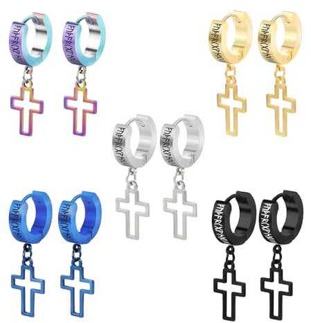 Hinvan 5 Paar Edelstahl Wikinger Ohrringe Kreuz für Herren Damen, Kreuz Ohrringe Damen Silber, Creolen Gold Herren Hängend Schwarz