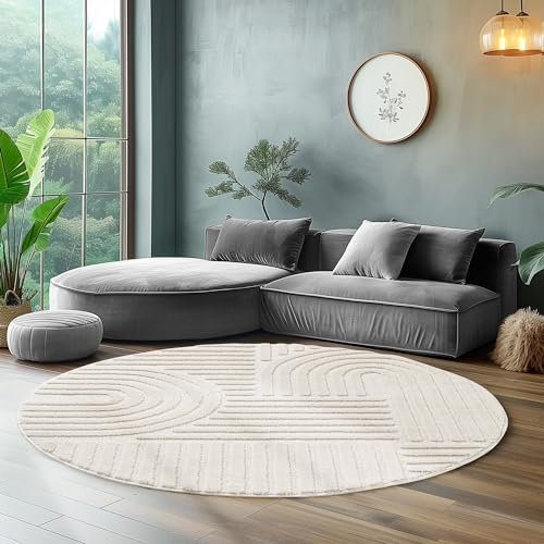 Hochflor Rund Teppich Wohnzimmer Küchenteppich Schlafzimmer Läufer Flur Skandi Boho Teppich 3D Design Flauschig Weich, Größe: 120 x 120 cm Farbe: Creme