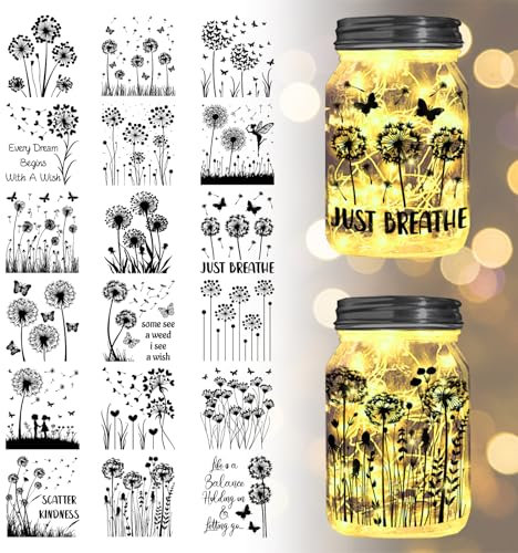 GLOBLELAND 18 Blatt Löwenzahn Transfer Sticker 3.9x3.6 Zoll Blumen Und Pflanzen Aufkleber Löwenzahn Schmetterling Rub On Transfer Für Möbel Vase Glas Dekorationen Kunsthandwerk