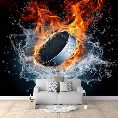 Fototapete Panorama 3D Effekt 200 x 140 cm Tapete Vlies Tapetenwandbild Wandbild Dekoration Künstlerische Flamme Eishockey Foto-Tapete Wandtapete Fotoposter Wanddeko Schwarz Orange