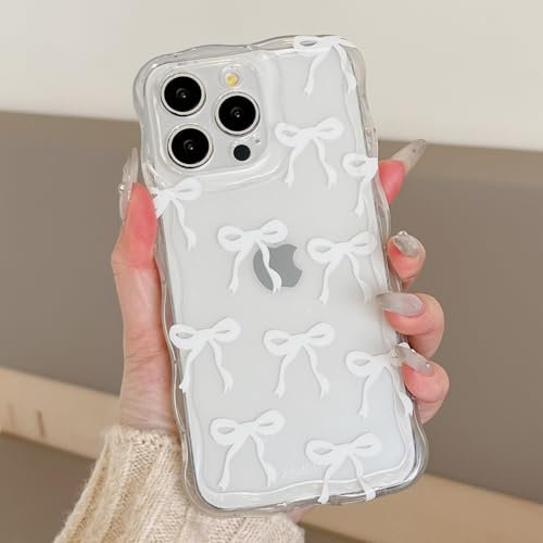 QLTYPRI Case for iPhone 13 Pro, Cute Ribbon Bow Curly Wavy Frame Clear Phone Case for Girls Women, Aesthetic Bowknot Transparent Soft Silicone TPU Bumper Shockproof Protective Cover - White