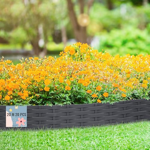 arvioo Rasenkante 20m 20 STK, Abgrenzen den Rasen von Beeten, Beeteinfassung mit Dornen, Formbar, UV-Beständig, Werkzeugelose Schneller Einbau, Beetumrandung Ratten Gartenpalisade (Anthrazit)