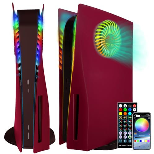 Joso Carcasa para placa frontal con tira de luz LED RGB para PS5 Disc Edition, ABS antiarañazos, resistente al polvo, carcasa de repuesto con ranuras para ventilador, sincronización de música con 8