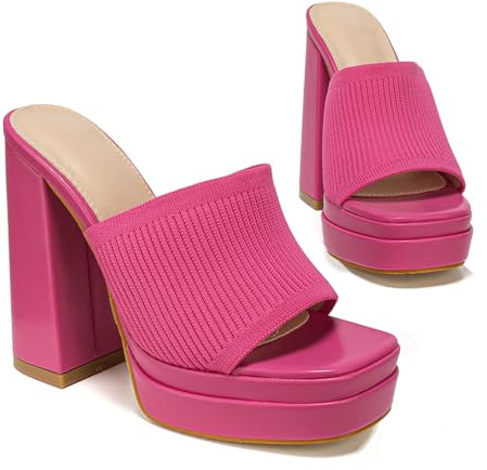 azmodo Eleganti sandali da donna con tacco alto e tacco grosso, eleganti, con plateau, estivi, senza lacci, con zeppa e tomaia in maglia, alla moda, eleganti scarpe da sera, Rosa, 9-9.5