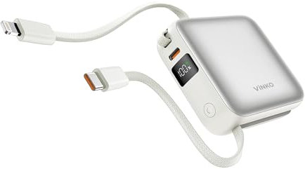 VINKO Mini Power Bank 10,000mAh, Fast Charging 22.5W Small Portable Charger with Built-In 2 Cable,Battery Pack For iPhone 16/16 Plus/16 Pro/16 Pro Max/15 Series, Galaxy, Android Phone and More- White