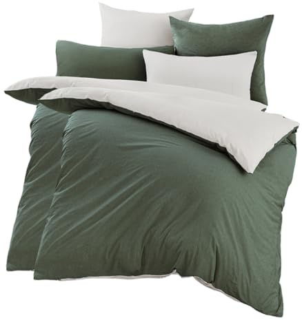Nesture Bettwäsche 135x200 Baumwolle 4teilig, Dunkelgrün/Weiß | 100% Baumwolle, gewaschene Leinenoptik, 2x Bettbezug 135x200 + 2x Kissenbezug 80x80cm, Bettwäsche-Sets, Weich & atmungsaktiv
