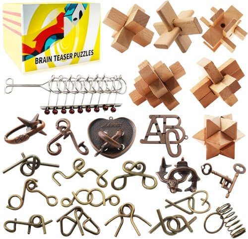 24 Pcs Brain Teaser Puzzles for Adults, Mind Puzzles IQ Challenge Puzzle Games, Puzzle Gift Set Metal & Wooden, 3D Interlocking IQ Logic Games with Unlocking Challenges, Christmas Stocking Fillers