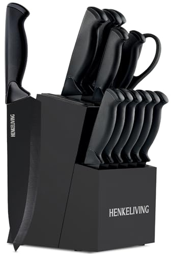 HENKELIVING Knife Set, 14-Piece Kitchen Knives Set with Block, Built-in Sharpener, German High Carbon Stainless Steel, Ergonomic Non-Slip Handles, Black