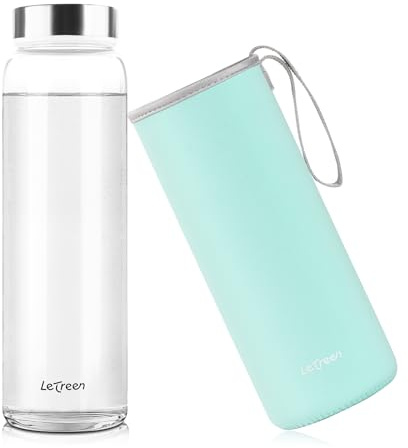 LETREEN Glasflasche 1 Liter mit Schutzhülle, Wasserflasche 1L Glas, 1 Stück | Weite Öffnung, Spülmaschinenfest, 1000ml Auslaufsichere Trinkflasche, 100% BPA frei Water Bottle für Büro Schule Sport