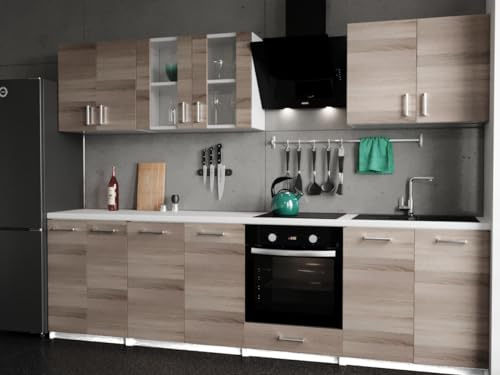 roe furniture Moderne Küchenzeile ohne Elektrogeräte in Nelson-Eiche – Einbauküche mit viel Stauraum – Erweiterbares 2,8-m-Set inkl. Arbeitsplatten in Weiß – 280 x 82 x 46 cm (B/H/T)