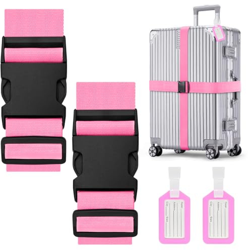 Koffergurte 2 Stück, Verstellbare Kofferband mit Kofferanhänger, Auffällig Kreuzgurt Kofferbänder für Koffer Markierung, Reisezubehör Gepäckgurt Luggage Strap zum Sicheren Verschließen (Rosa)