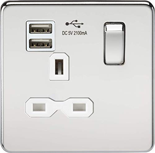 Knightsbridge SFR9901PCW Screwless 13A 1G Switched Socket with Dual USB Charger-Polished Chrome with White Insert, Silver