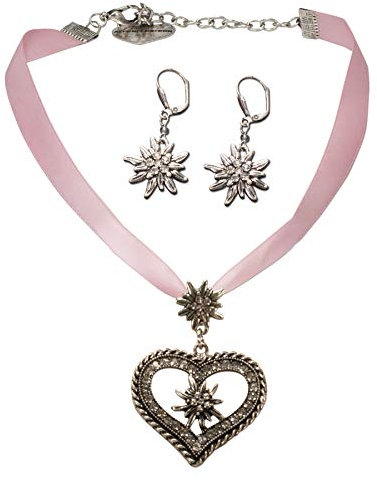 Alpenflüstern Trachtenschmuck-Set Satin-Trachtenkette Strassedelweissherz und Trachten-Ohrhänger Strass-Edelweiss - Damen-Trachten-Schmuck,Trachtenset Kette und Trachten-Ohrringe rosa-rosé SET044