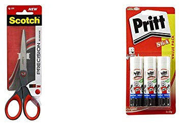 Scotch 278114 'Precision' Scissors - 18 cm, Grey/Red, 1 Pair &Pritt Stick Original Glue Stick - Multi Pack 3 x 22g - Childproof and washable for paper, cardboard and felt