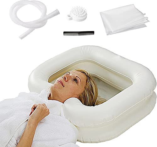 Tragbares aufblasbares Shampoo Waschbecken für Nachttisch und im Bett für ältere Menschen, Behinderte, Bettridden, Behinderte Shampoo Schüssel mit Abflussrohr zum Waschen von Haaren im Bett