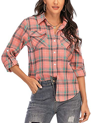 Enjoyoself Chemisier Carreaux Femme 100% Coton Chemise Bucheron Western Décontractée Classique Retro Ecossaise Coton Flanelle Blouse Gilet T Shirt Casual Vintage,Rose,S