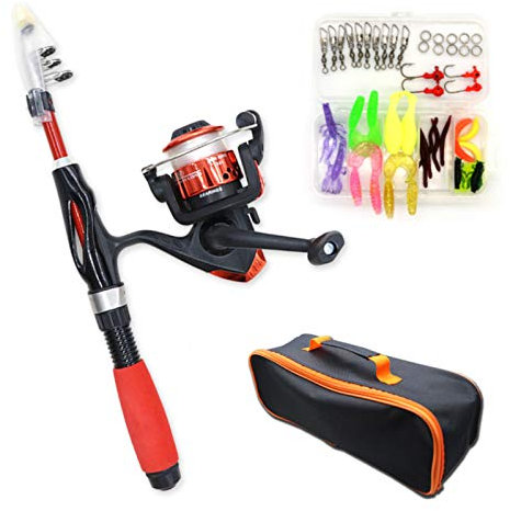 Angelrute und Angelrolle für Kinder, mit Angelbox und Reisetasche, Teleskop-Angel-Set mit komplettem Köderetui, Angelzubehör für Jugendliche, Jungen, Mädchen, Kinder, Jugendliche, Anfänger (rot)