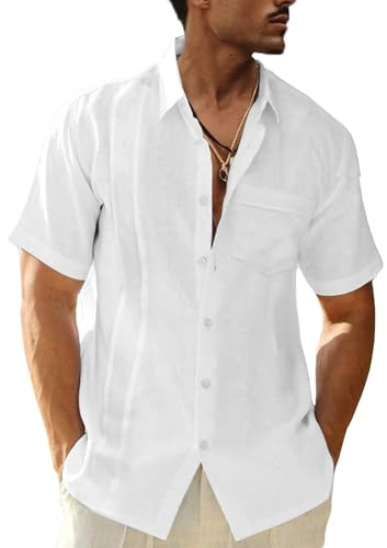 LVCBL Herren Leinen Kurzarm Hemd Sommerhemd Freizeithemd mit Brusttasche Regular Fit Men Shirts