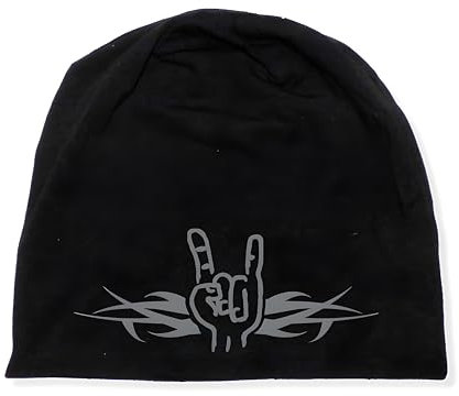 Fördeblau Heavy Metal Slouch Beanie Mütze mit Tribal-Design – Coole Unisex Baumwollmütze für Rocker und Biker, Handbedruckt, Geschenkidee mit Metal-Motiv