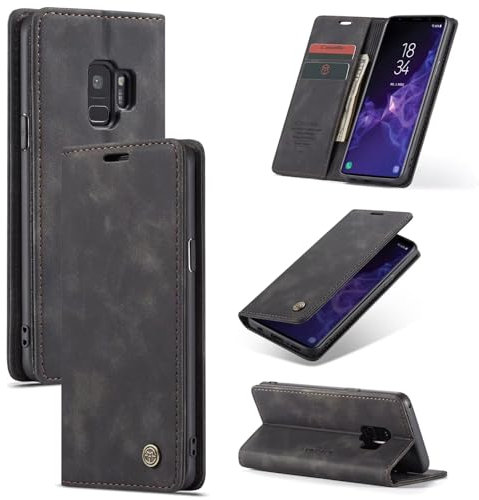 SLWYF Handyhülle für Samsung Galaxy S9 Hülle Premium Lederhülle Klappbar Flip Case Tasche Magnet Kartenfach Standfunktion Klapphülle Schutzhülle für Samsung Galaxy S9, Schwarz