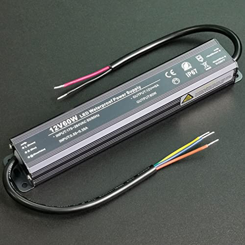 Alinana 60W Transformador 220V a 12V, IP67 Resistente al Agua Transformador LED 12V, para Lámparas y Tiras LED, Carteles, Cámara Web al Aire Libre (0-5A)